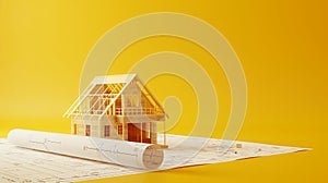 construction project, house under construction on blueprint, yellow background with copy space