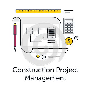 Construction Project Management thin line flat icons. Architects workplace illustration. Architecture planning on paper
