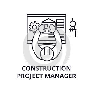 Construction project manager vector line icon, sign, illustration on background, editable strokes