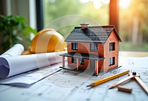 Construction project plan on table. Building model home. Architect blueprints. New home design. Contractor preparing project.