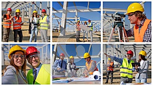 Construction Project Team in Hardhats Working on a Blueprint at Construction Site - Photo Collage