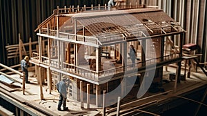 Construction project underway as workers build a house from blueprints