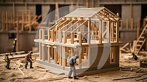 Construction project underway as workers build a house from blueprints