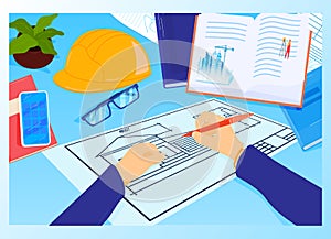 Construction project workplace at architect table vector illustration. House plan with tools, smartphone and book