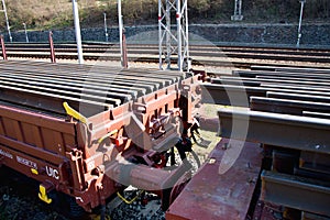 Construction of railway tracks. Railway infrastructure. Railroad car loaded with rails. Rails on a wagon ready for track