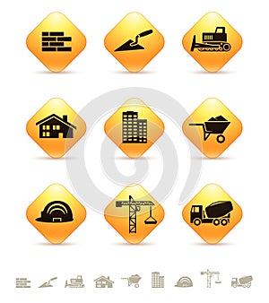 Construction and realty icons on yellow rhombic buttons