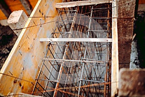 Construction rebar steel work reinforcement in concrete structure of building. Steel rods used in construction