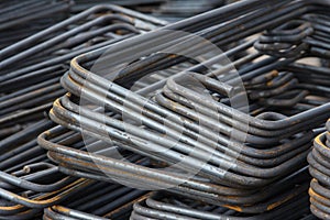 Construction rebar with traces of rust. Industrial background