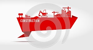 Construction red paper cut ribbon banner. Flat vector illustration isolated on white