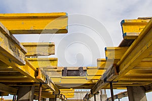Construction of reinforced concrete. Concrete formwork and floor beams on construction site