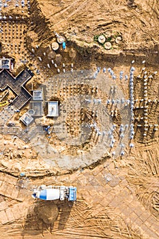 Construction of reinforced concrete foundation. aerial view from flying drone