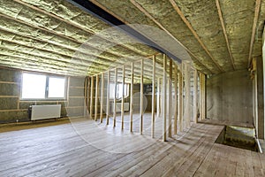 Construction and renovation of big light spacious empty room wit