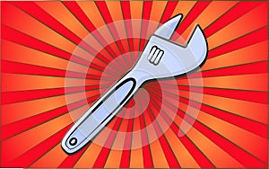 Construction repair fitter tools adjustable plumbing wrench for tightening nuts on a background of abstract red rays. Vector