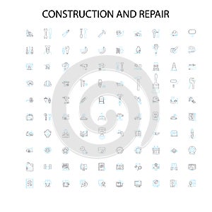 construction and repair icons, signs, outline symbols, concept linear illustration line collection