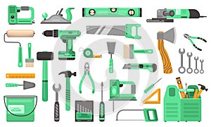 Construction repair tools set. Branded elite toolkit drill green drill angle grinder hand saw.
