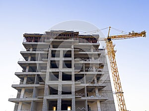 Construction of residential building. Wall of unfinished building. Construction details. Preparation of walls for cladding.