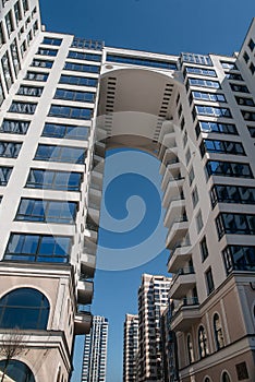 construction of residential buildings, modern glass buildings. perspective view of modern buildings. photo