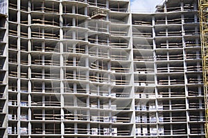 Construction of residential multi-storey buildings. Reinforced concrete frame of the building.