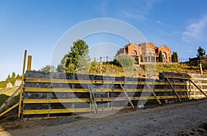 The construction of a retaining wall or counterfort, formwork, reinforced, preparation to pour concrete, construction site. photo