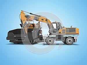 Construction road machinery loading wheeled excavator on an asphalt paver 3d rendering on blue background with shadow