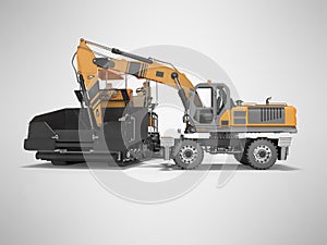 Construction road machinery loading wheeled excavator on an asphalt paver 3d rendering on gray background with shadow