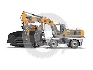 Construction road machinery loading wheeled excavator on an asphalt paver 3d rendering on white background with shadow