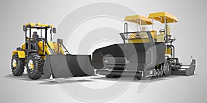 Construction road machinery yellow tracked paver and wheeled bulldozer 3d rendering on gray background with shadow