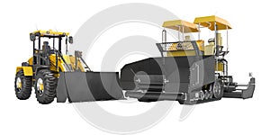 Construction road machinery yellow tracked paver and wheeled bulldozer 3d rendering on white background no shadow