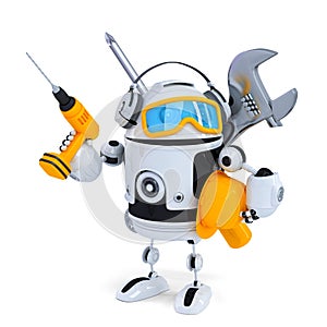 Construction robot with tools. . Contains clipping path