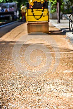 Construction roller or steamroller during road construction. Asp