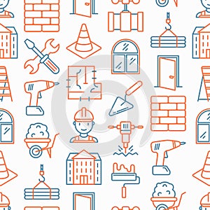 Construction seamless pattern with thin line icons: builder in helmet, work tools, brickwork, floor plan, plumbing, trowel,