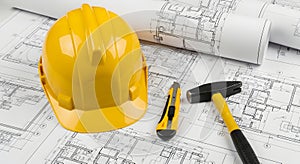 construction hard hat tools blueprints architectural plans