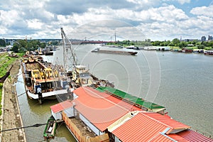 Construction Ships Docked At River Sava,Belgrade, Serbia