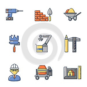 Construction shop icons set, cartoon style