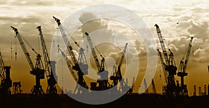 Construction silhouette of cranes on sunset