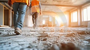 Construction site activity, worker in safety gear navigating ongoing building project