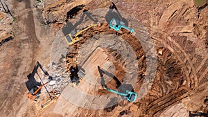 Construction site, Aerial top view road roller and loader excavator tractor and soil grade car earthmoving at work, Heavy