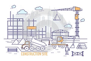 Construction site or area with constructed building, crane, excavator, dump truck, engineer wearing hard hat against