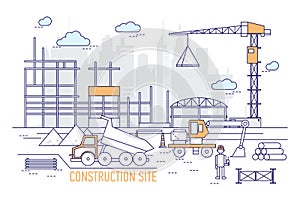 Construction site or area with constructed building, crane, excavator, dump truck, engineer wearing hard hat against photo