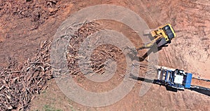 Construction site area in wood chipper machine with mulch an work