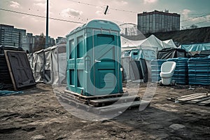 on a construction site a blue construction site toilet created by generative AI