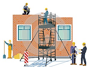 Construction site with bricklayers and mechanics, illustration