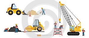 Construction site. bulldozer, lifter crane vehicle, road roller. heavy equipment and Builder or worker set. Vector illustration in