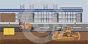 Construction site with bulldozer and vibratory roller. Market building. Industrial landscape. Cityscape with machinery