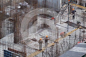 Construction site with cast-in-place reinforced concrete structures. Concreting work at the construction site