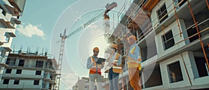 Construction site with civil engineer, architect, business investor, and general worker discussing plan details on