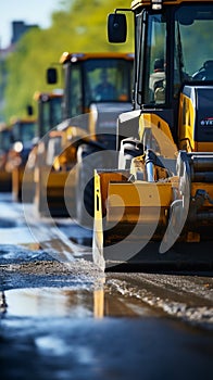 Construction site close-up: Yellow roller compacts black asphalt, transforming country road.