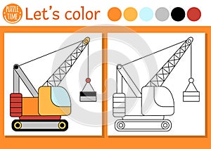 Construction site coloring page for children with crawler crane with load. Vector repair works outline illustration. Color book photo