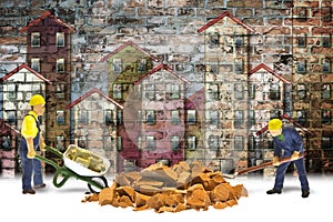 Construction site concept with miniatures of construction workers against