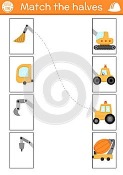 Construction site connect the halves worksheet. Building works matching game for preschool children bulldozer, concrete mixer,